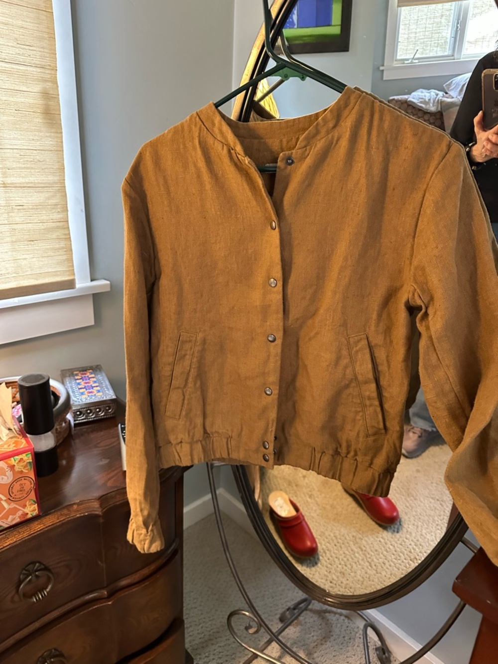 Women's Mustard Brown Button-Front Bomber Jacket